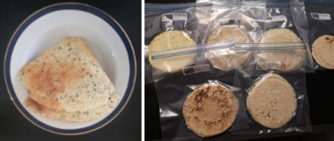 Anzola and Fernandes are finalizing recipes for two products: cassava bread (left) and soft tortillas (right)