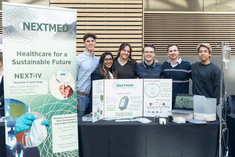 Team NextMed consists of business, biomedical engineering, and mechanical engineering students.  Pictured from left to right: Callum Woznow, Aditi Sitolay, Emily Roos, Sean Kyer, Samuel Enchelmaier, and Wilson Cao.